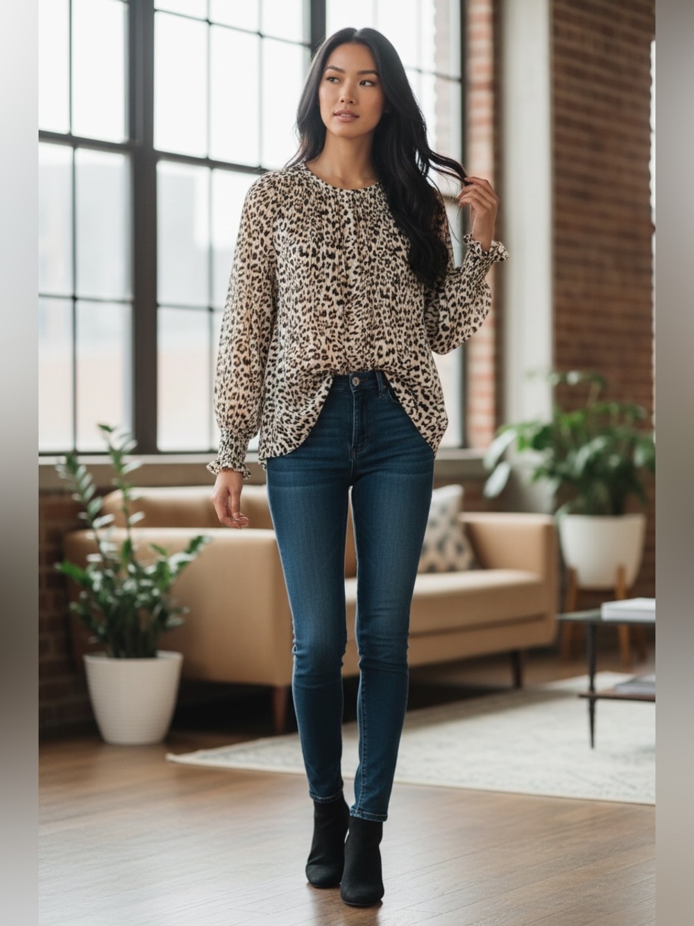 Banana Republic Leopard Print Pleated Blouse Women’s M Long Sleeve